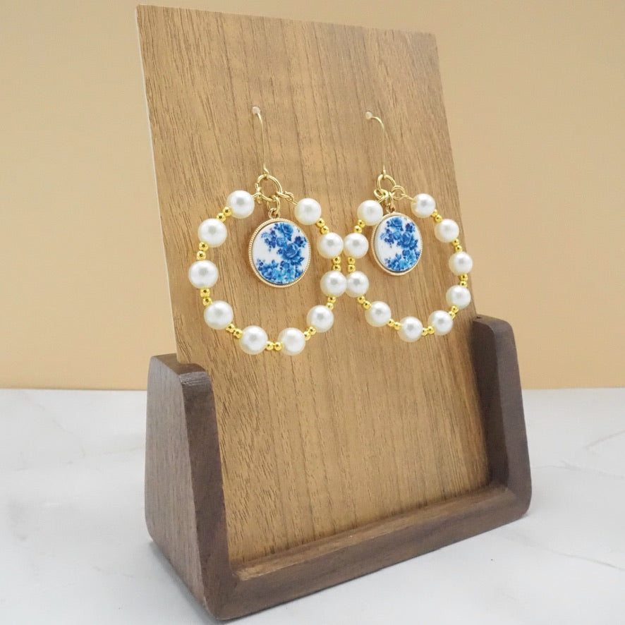 Faux Pearl Hoops with Vintage Floral Print Charm