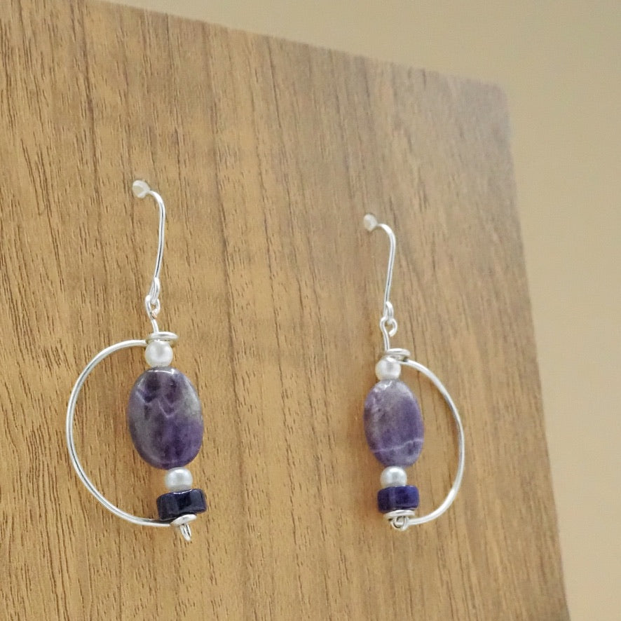 Amethyst, Purple Agate and Faux Pearl Geometric Dangle Earrings