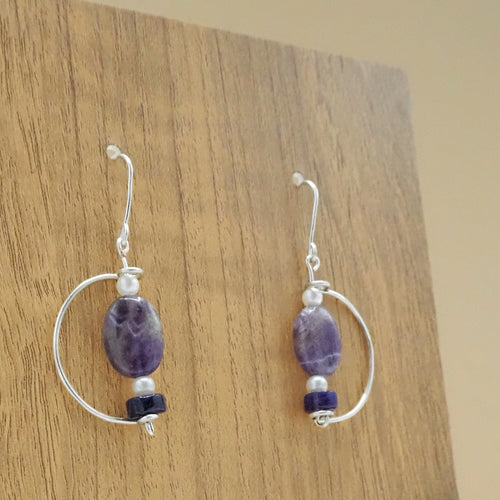 Amethyst, Purple Agate and Faux Pearl Geometric Dangle Earrings