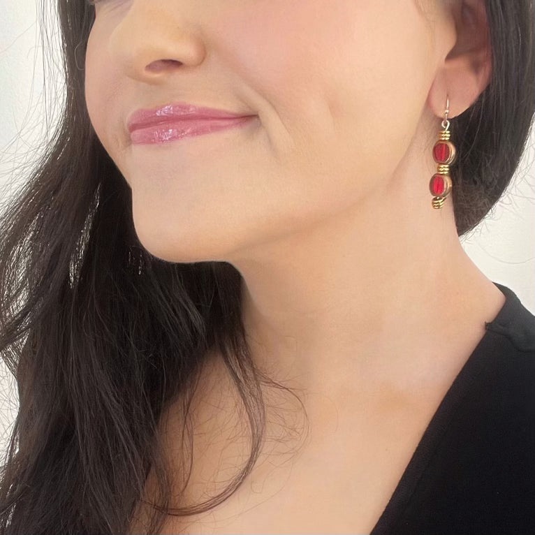 Ruby Table Cut Glass Lentil Bead Dangle Earrings
